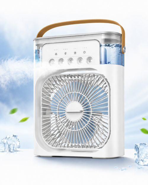 Portable air conditioner with a blue sky and ice cubes background