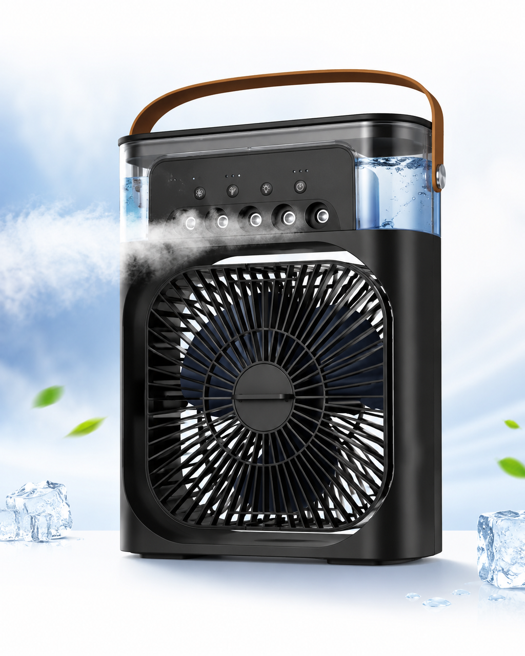 Portable fan with misting feature on a white background