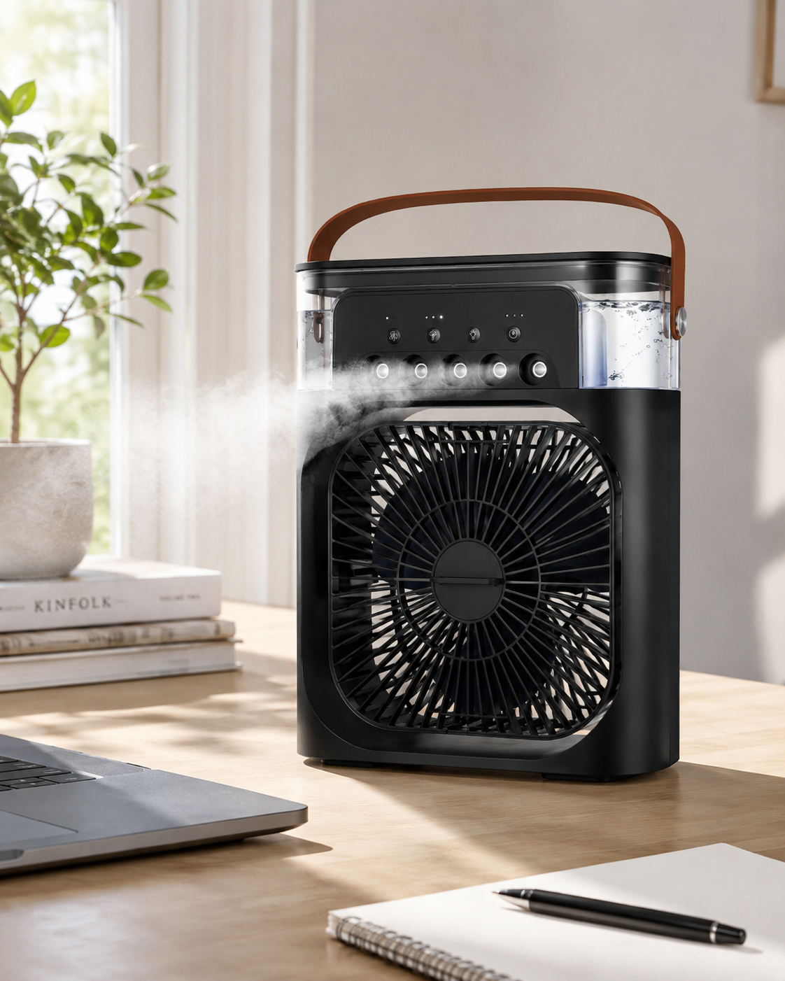 Black portable fan on a wooden desk with a laptop, notebook, and pen in a bright room.