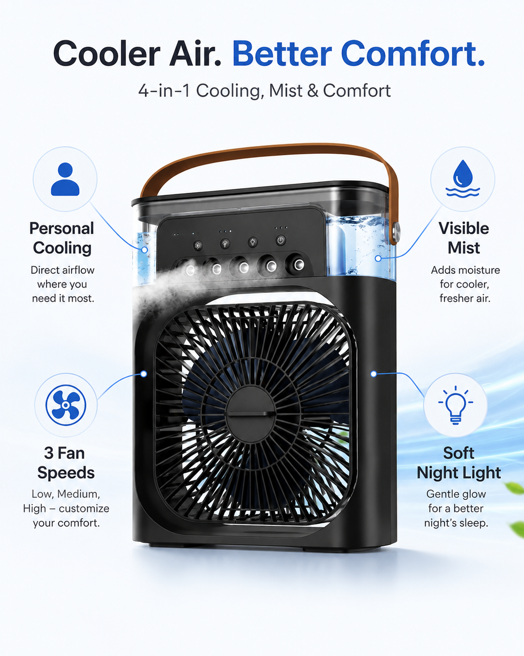 Portable air cooler with features highlighted on a white background