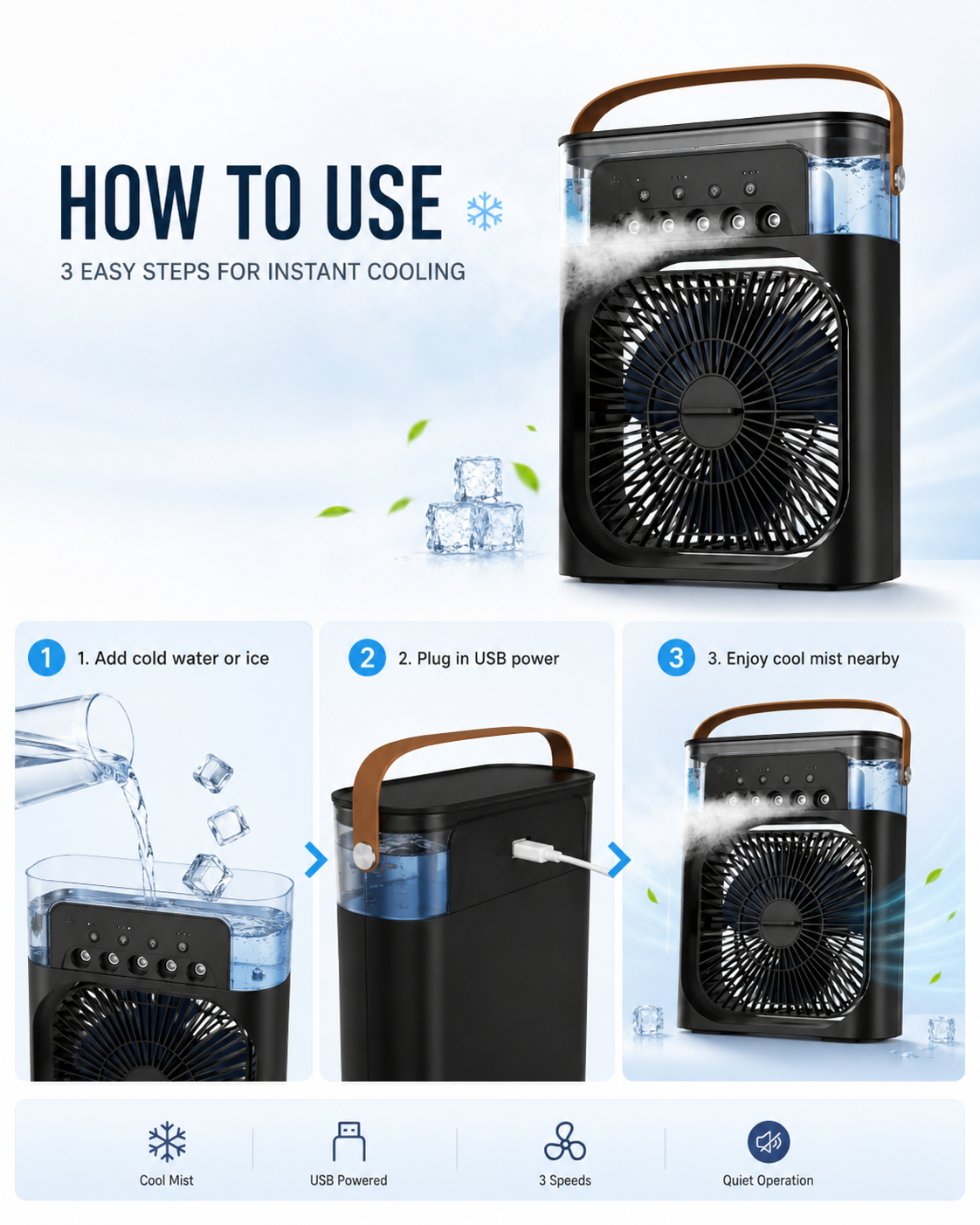 Black portable air cooler with step-by-step instructions on how to use it for instant cooling.