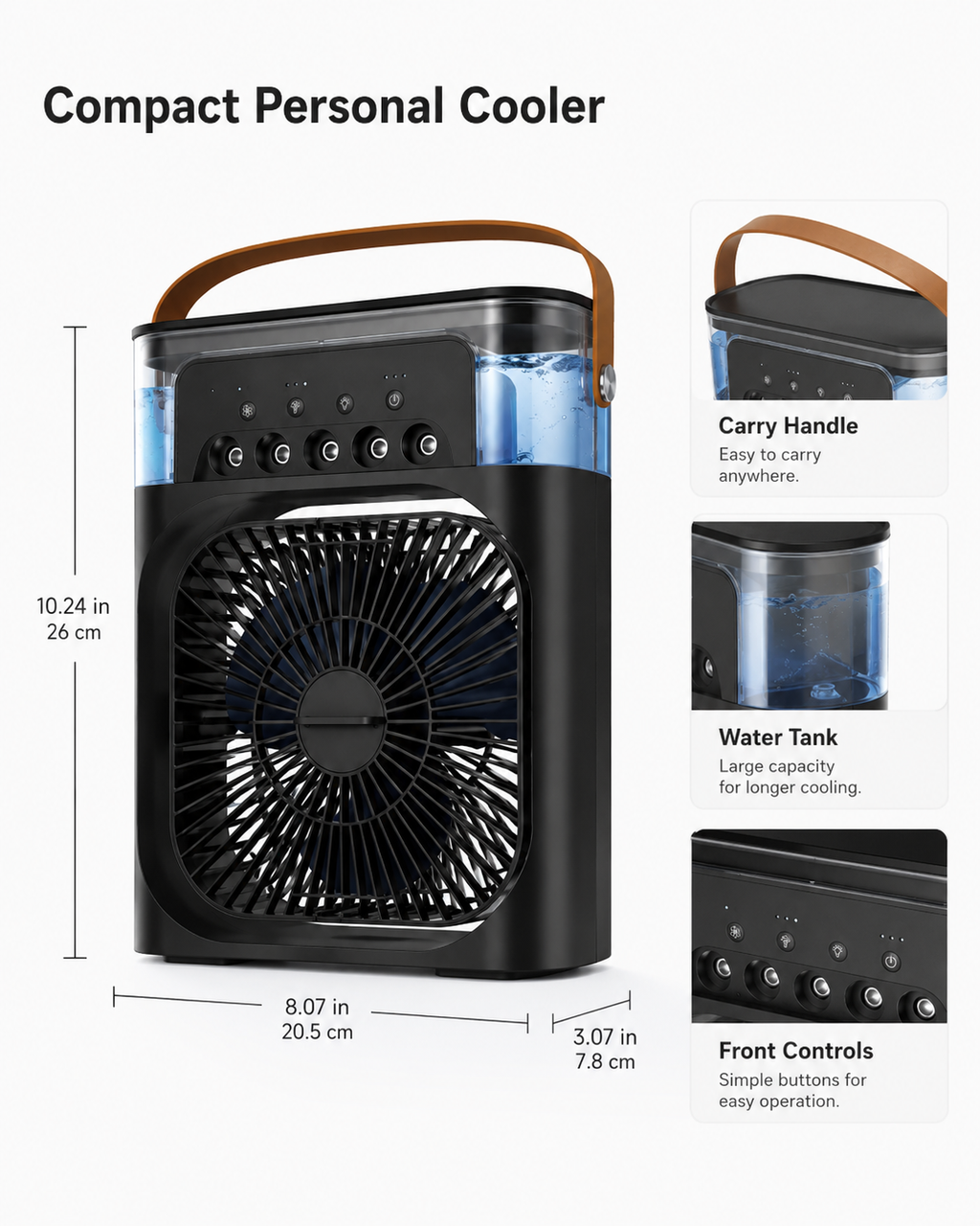 Compact personal cooler with features highlighted on a white background