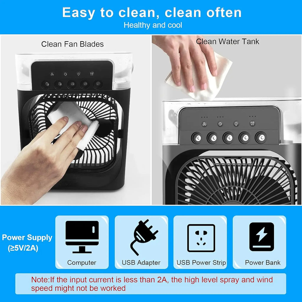 Personal Air Cooler & Mist Fan – Mini Evaporative AC with 3 Speeds, 3 Spray Modes, Timer & 7-Color LED – Portable for Desk, Nightstand or Table